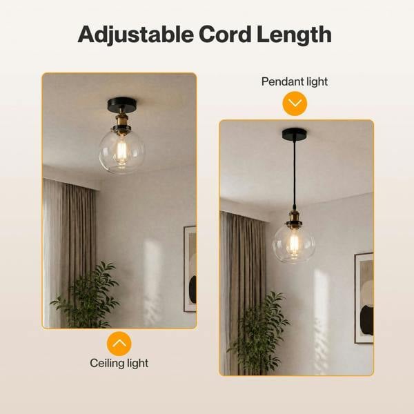 Emitto Ceiling Pendant Light Retro Industrial Glass LampShade Adjustable Cable