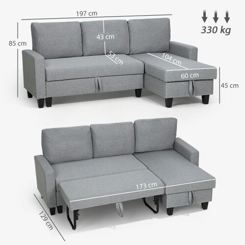 Wyld Haus Fima Light Grey Fabric Upholstered 3 Seater Sofa Bed With Storage