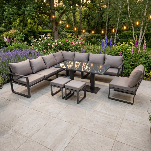 Fimous 10 Seater Aluminium Garden Furniture Set with Corner Sofa, 2 Footstools & Rising Dining Table - Dark Grey