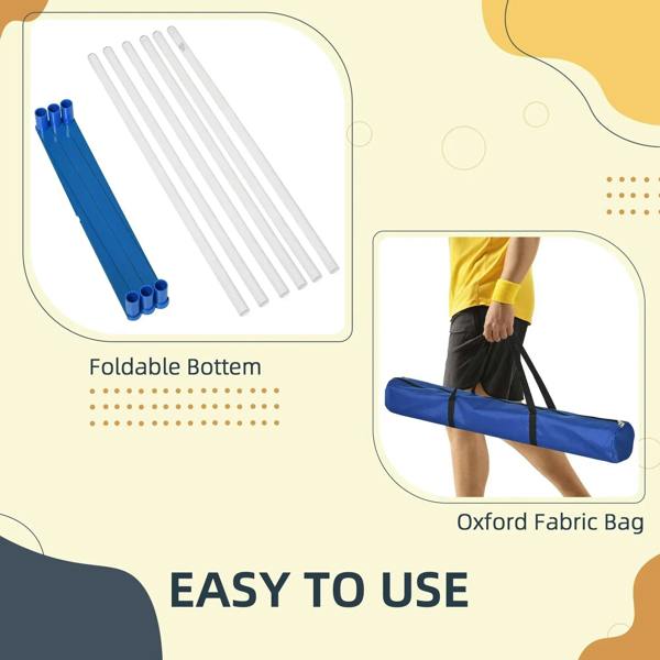 Foldable obstacle course set with blue fabric storage bag and white poles