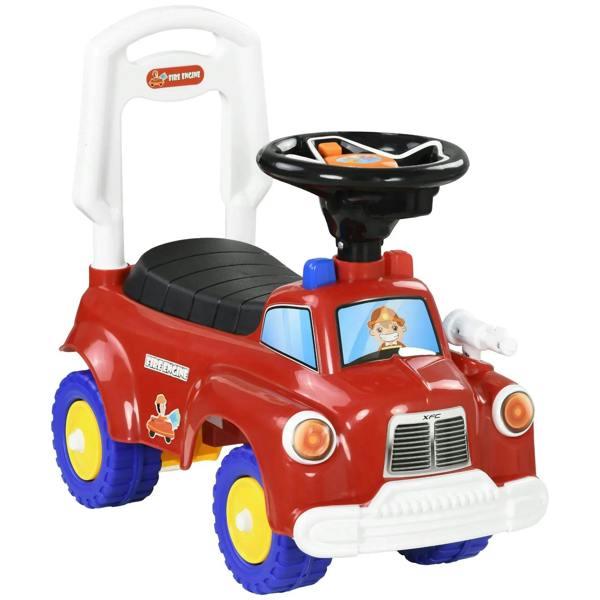 Red ride-on fire truck toy with steering wheel and front lights