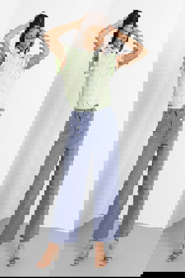 ENORSIA Sky Decorative Button Cropped Wide Leg Jeans