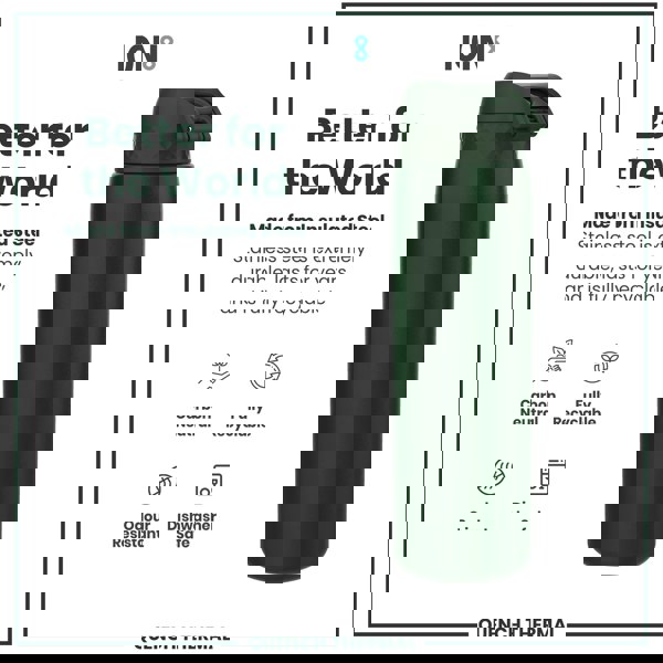 A dark-green insulated steel water bottle stands against a white background. It is made from recyclable, durable material. The bottle is described as carbon neutral, odour resistant, and dishwasher safe.