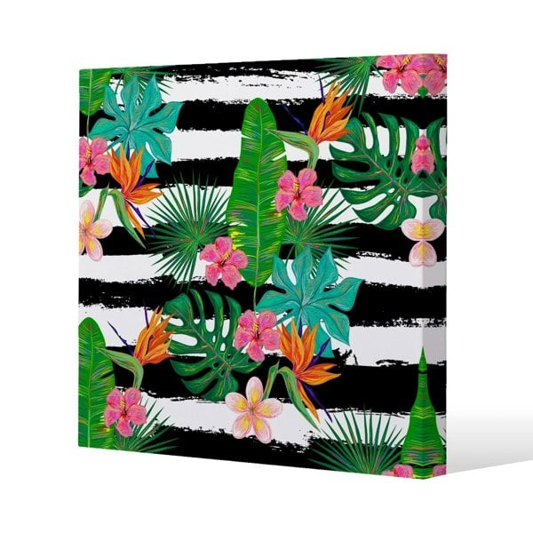 Benjamin Tate Design Tropical Plants on Black & White Stripes Slim Style Canvas Print  20x20cm , 15mm Slim Real wood.