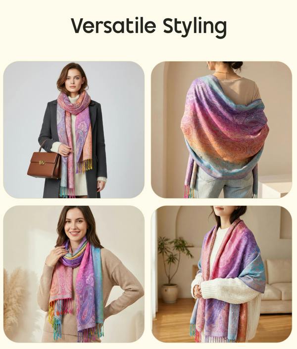 VIA MONTEN Women’s Gradient Pashmina Style Scarf, Oversized Jacquard Shawl Wrap with Fringe and Paisley Pattern