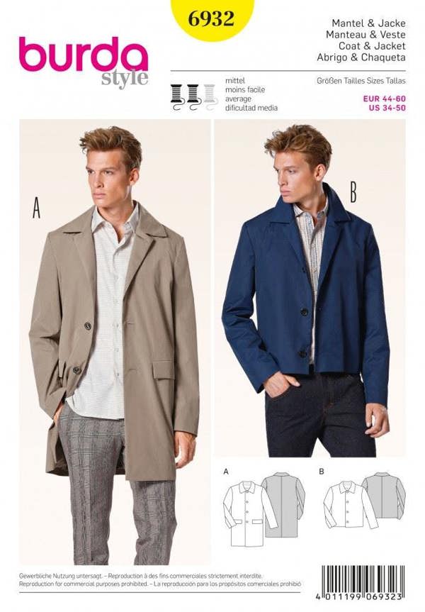 Burda Sewing Pattern 6932 Coats and Jackets For Men, 34 to 50 - Intermediate