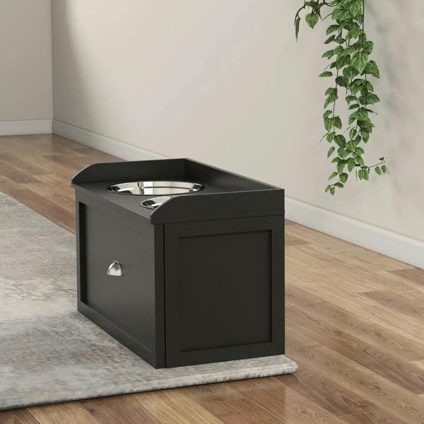 Black raised dog bowl stand with two stainless steel bowls and a closed storage drawer