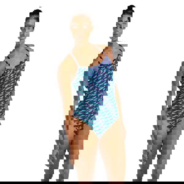 Navy green TYR Dragonflyte Durafast Elite Trinity swimsuit with abstract print