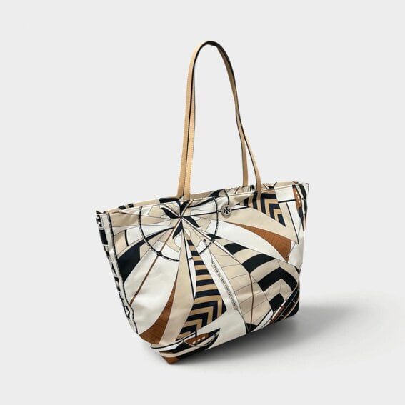 Tory Burch Nylon Printed Tote Bag Beige Sailboat