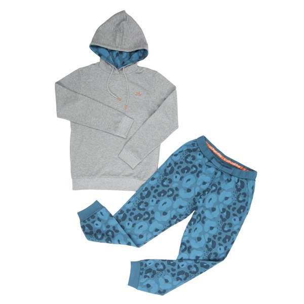 Luca and Rosa Women's Grey and Blue Leopard Hooded Lounge Set