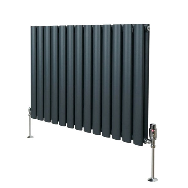 Oval column radiator in anthracite grey, featuring sleek vertical panels and polished valves, ideal for modern interiors