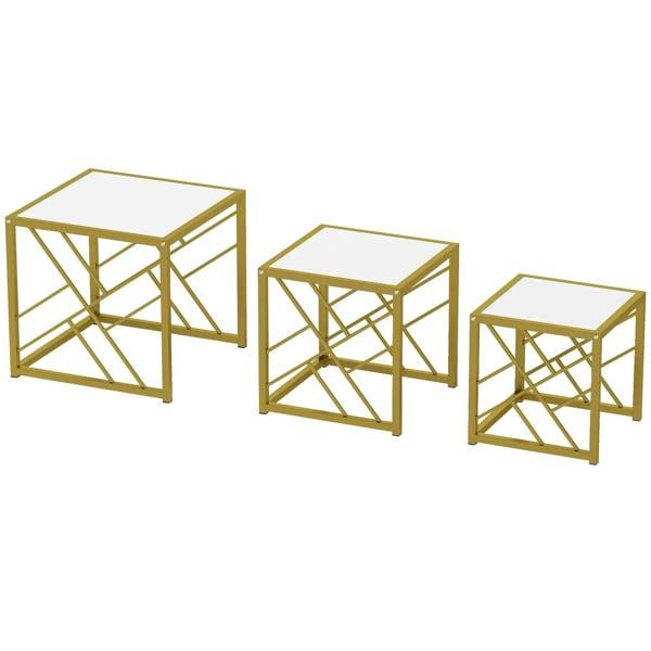 Set of 3 nesting square side tables with white tops and dark metal frames