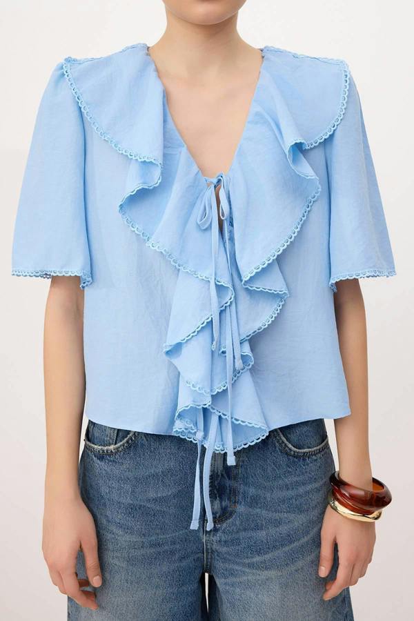 WOVCOR V Neck Tie Front Frill Detail Long Sleeve Blouse