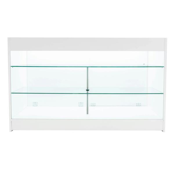White Helios LED shop counter set with glass shelves, sleek design, ideal for showcasing products in retail environments
