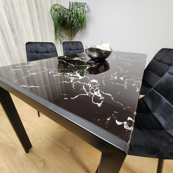 Kosy Koala Dining Table and 4 Chairs Black Marble Effect Glass 4 Velvet Black Chairs Dining Room Furniture