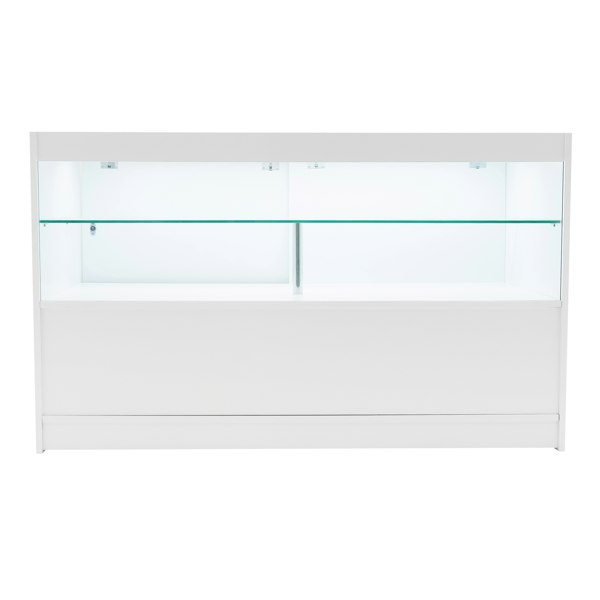Andromeda LED shop counter set in white, featuring a sleek design, glass shelves, and integrated lighting for display purposes