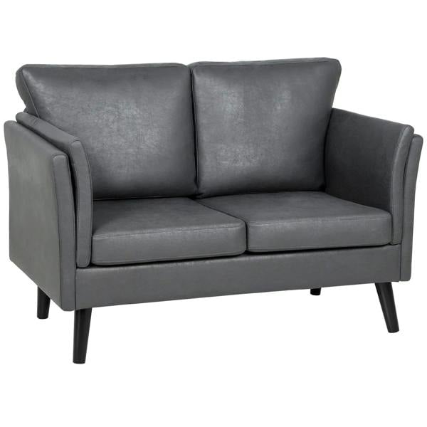 Grey two-seater leather sofa with padded arms, square back cushions, and dark legs.