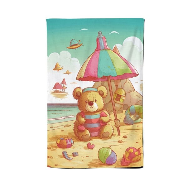 Warren Reed Teddy Bead On A Beach Holiday Tea Towel