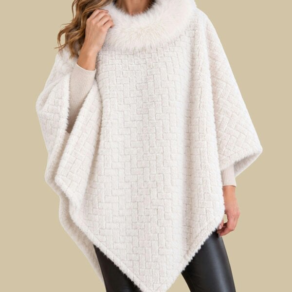 Love EMVY Ladies Faux Fur Poncho Cape with Fluffy Collar - White