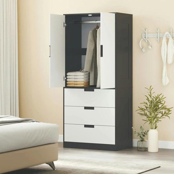 Black and white wardrobe with open doors, hanging space, and drawer storage