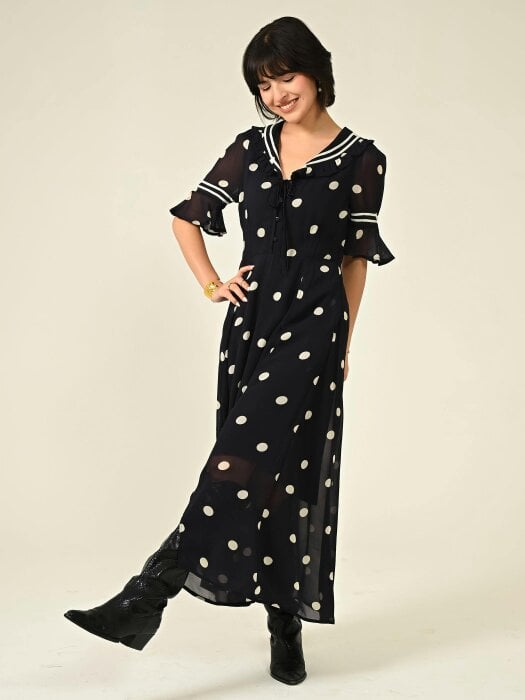 Rose & Nancy Audrey Navy Polka Print Collar Detail Maxi Dress