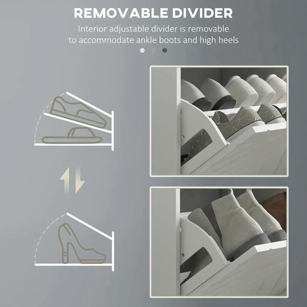 White shoe storage bench with removable divider separating shoe compartments