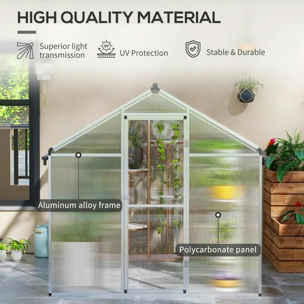 White aluminium frame greenhouse with clear polycarbonate wall panels and door area