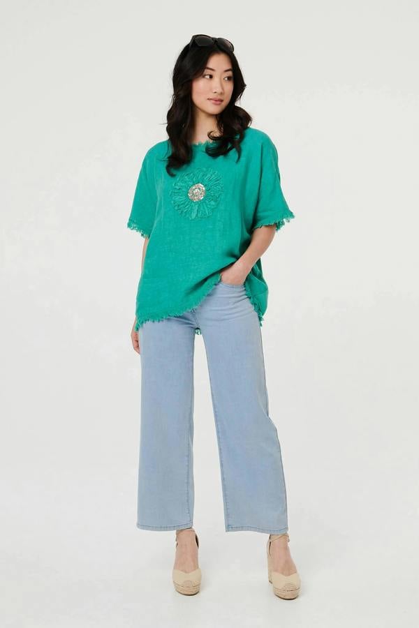 Blue | Frayed Edge Floral Embellished Top