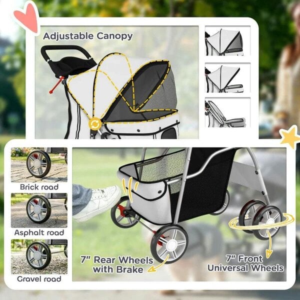 Dog Pram, Pet Stroller with Reflective Strips, Foldable Cat Stroller with 360° Swivel Wheels, Grey
