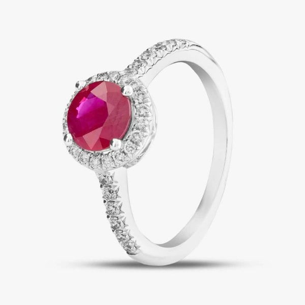 T. H. Baker 18ct White Gold Brilliant Cut Ruby & Diamond Shoulder Set Halo Ring R39073GW18RB