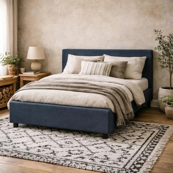 Wyld Haus Portarlington Upholstered Navy Blue Twill 4ft6 Double Size Bed with Headboard