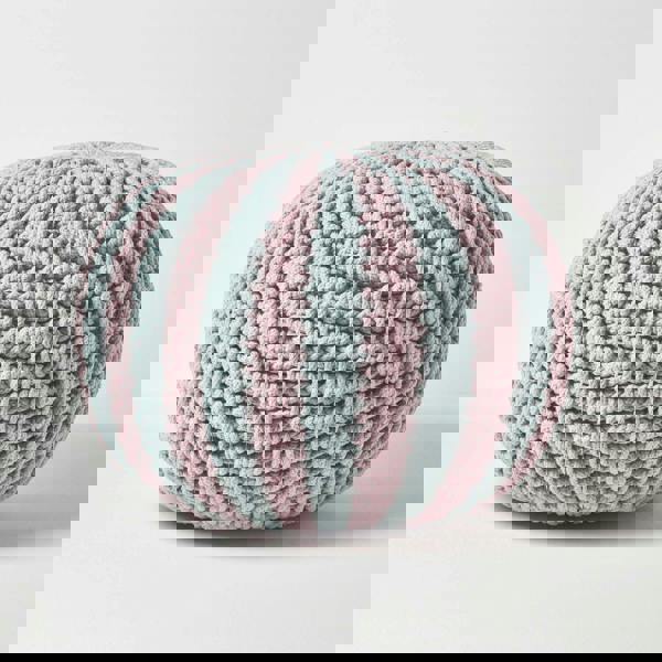 HOMESCAPES Pink and Blue Knitted Pouffe Striped Footstool