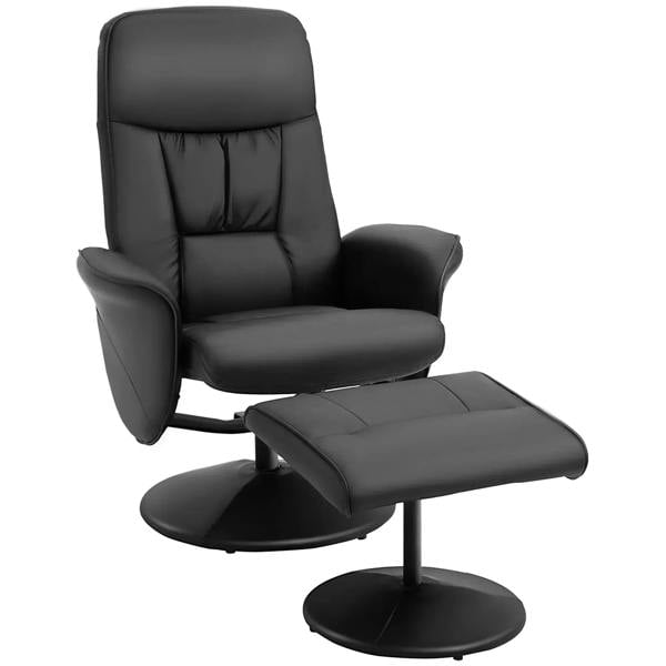 Black PU leather swivel recliner chair with matching footstool and round base