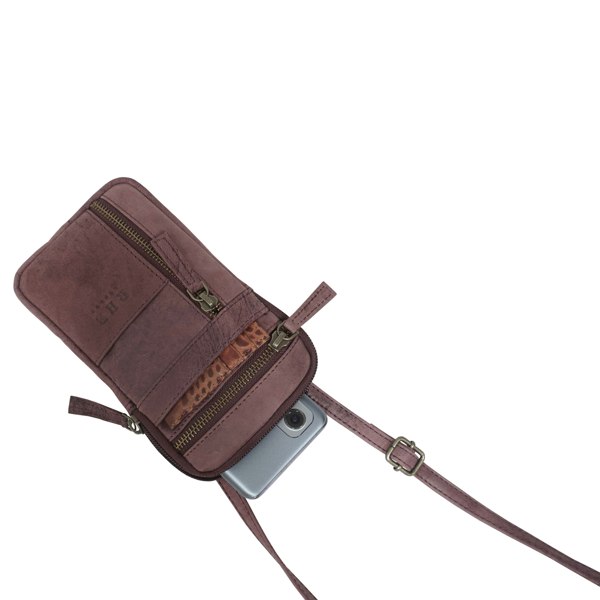 Real Hide Bags 'BROOKE' Plum Distressed Real Leather Mobile Phone Crossbody Bag