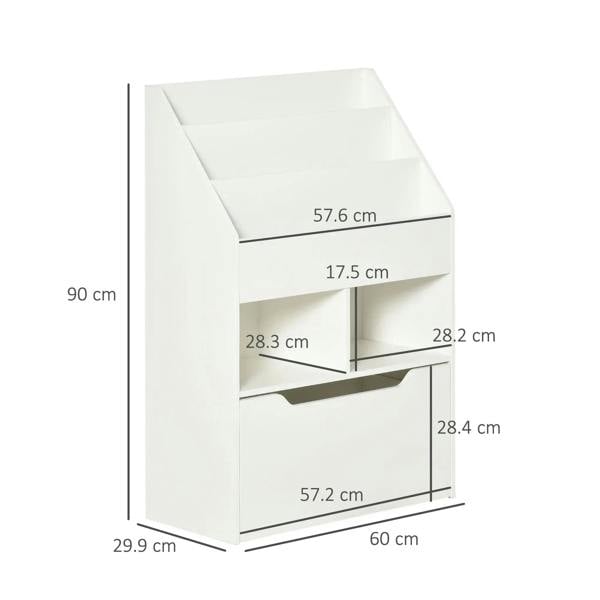 White kids bookshelf organizer with two open side compartments and lower pull-out drawer