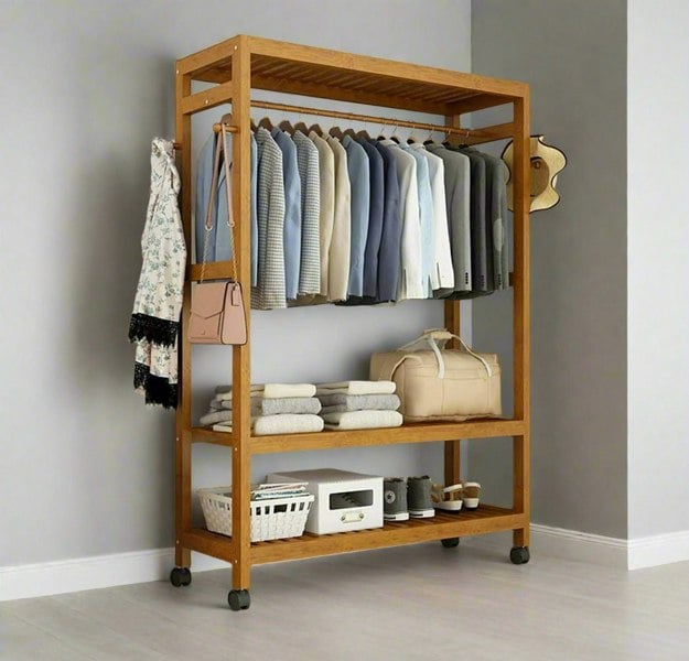 Modcraft Heavy Duty Wooden Clothes Stand – Garment for Open Wardrobe with Wheels
