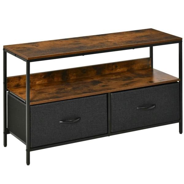 Rustic brown TV stand cabinet with open shelf and two dark gray foldable drawers