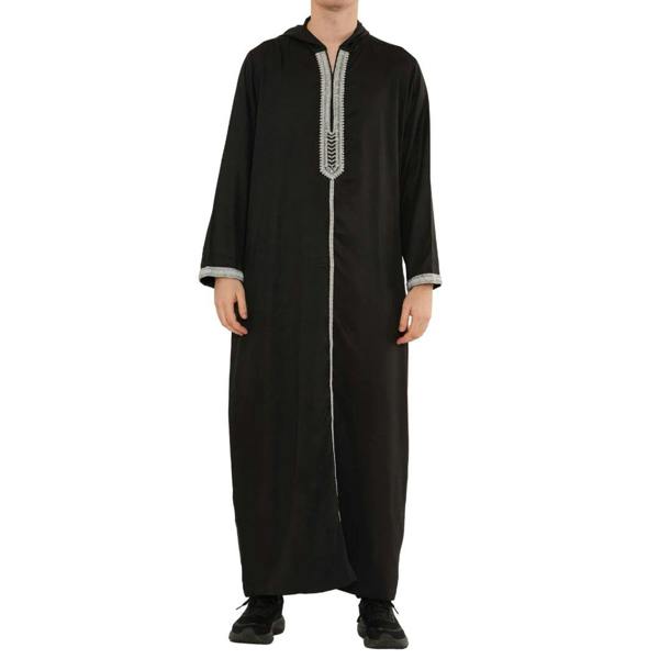 Men's Hooded Gandoura Embroidery Moroccan Thobe - Black - Thobez - 1