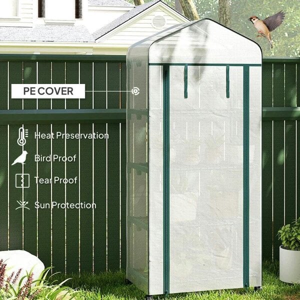 Bobobiy 4 Tier Mini Portable Greenhouse Compact Plant Grow Shed Metal Frame PE Cover with Lockable Rolling Wheels, White