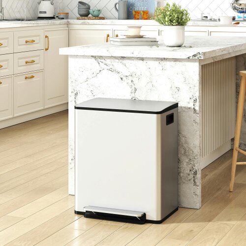 HOMCOM 2 x 25L Double Kitchen Bin, Pedal Bin with Soft-Close Lid, Silver - Silver - 47.7L x 37.5W x 56H cm - Stainless steel, Plastic