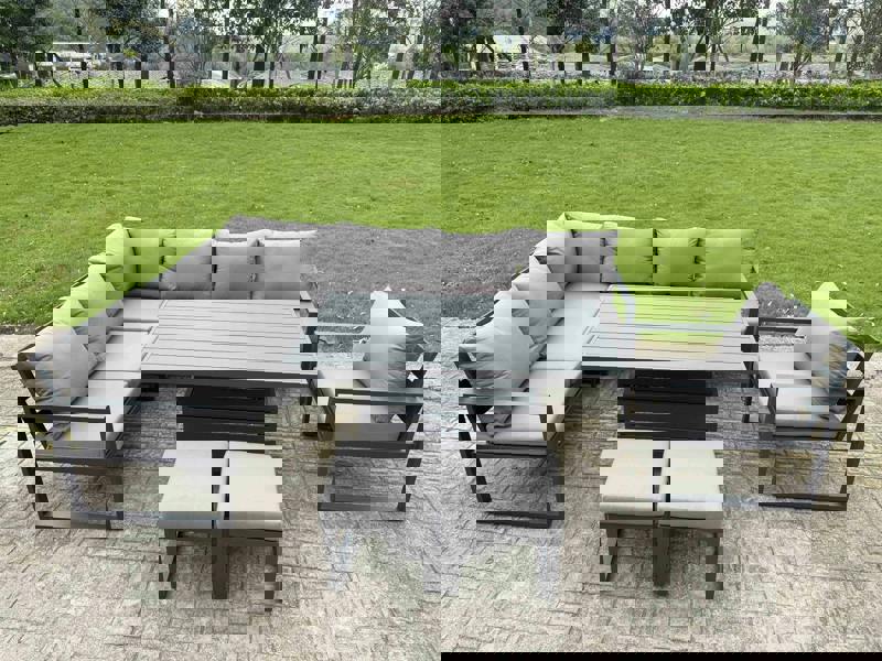 Fimous 9 Seater Aluminium Garden Furniture Sets with Adjustable Rising Dining Table, 2 Footstools, Corner Sofa - Dark Grey