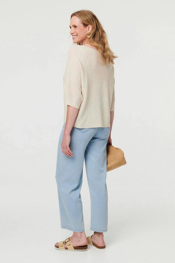 Cream | 3/4 Sleeve Boxy Boat Neck Knit Top