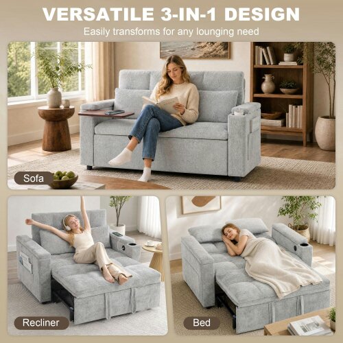 HOMCOM 2 Seater Sofa Bed with USB Port, Armrest Storage, Side Pockets, Grey