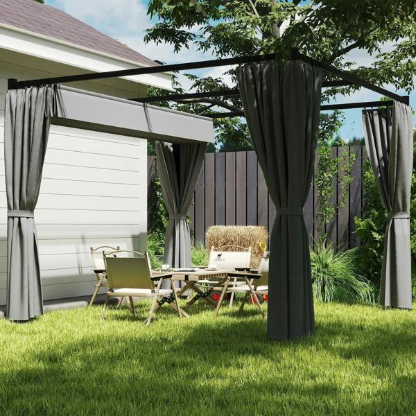 Grey curtained metal pergola with open side view over outdoor chairs on grass