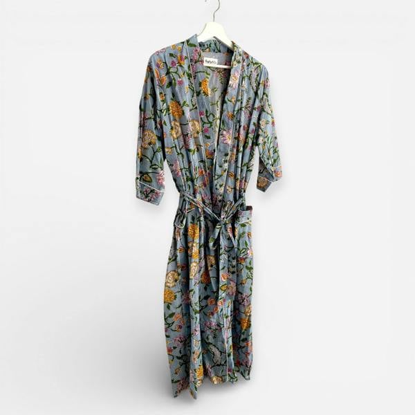 Hayley & Co Pale Blue Floral Block Print 100% Cotton Dressing Gown