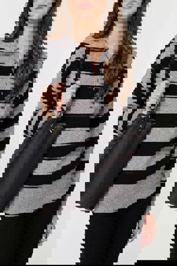Black | Striped Zip Neck Collared Pullover
