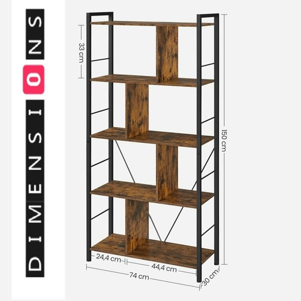 Modcraft Bookshelf 5 Tier Rustic Brown Industrial Storage Shelf for Living Room Bedroom or Office