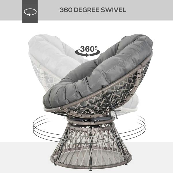 Grey swivel Papasan chair with woven rattan base and thick padded seat cushion