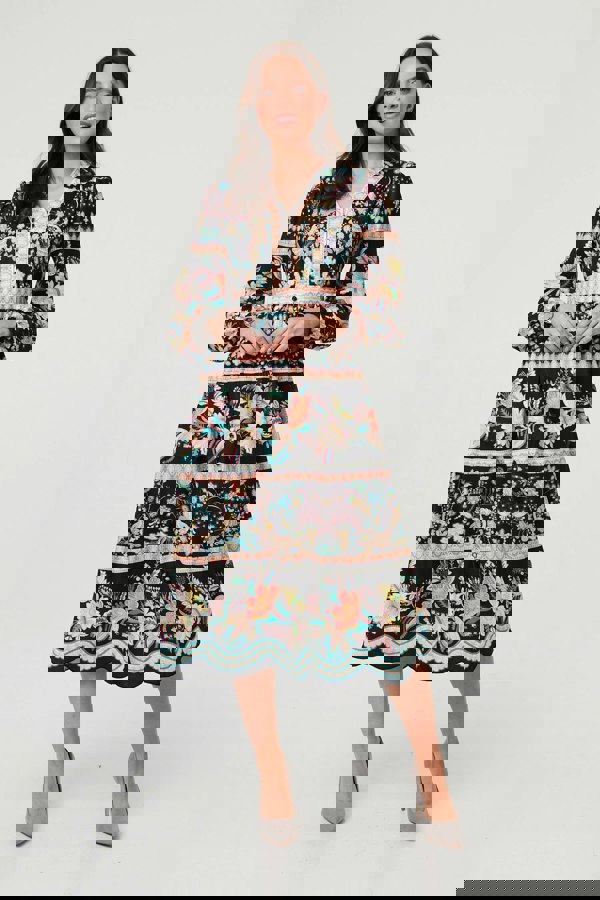 Black | Floral Long Sleeve Buttoned Midi Dress
