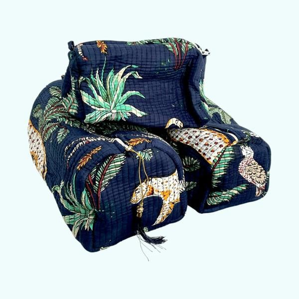 Hayley & Co Jungle Print Cotton Washbag, Make Up Bag, Pencil Case with Waterproof Lining - Jungle Animal Print in Navy Blue